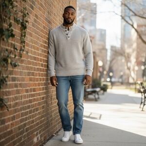 G.H. Bass Sweater XXL Grey Button Mock Neck Knit Grandpa Core Cabin Layering